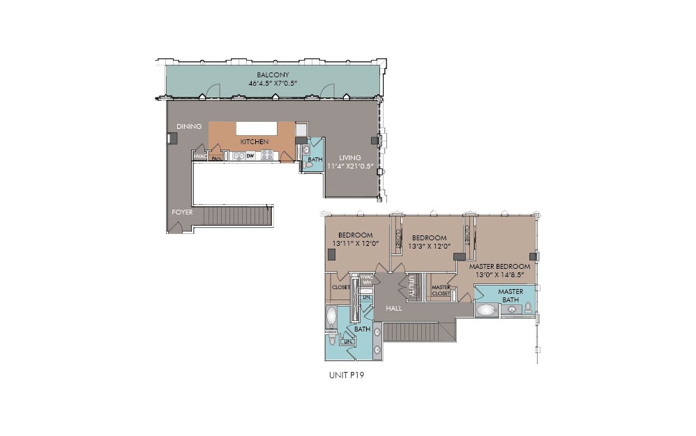 P19 - 3 bedroom floorplan layout with 2.5 baths and 2007 square feet.