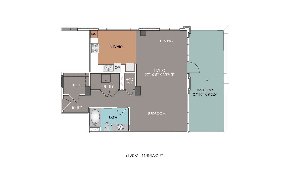 S11-Balcony - Studio floorplan layout with 1 bath and 826 square feet.