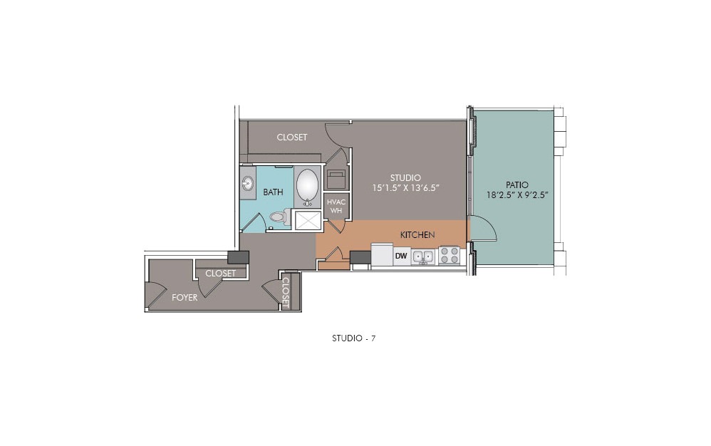 S7 - Studio floorplan layout with 1 bath and 572 square feet.